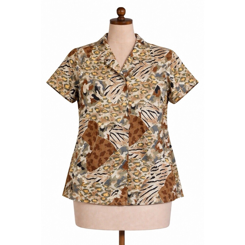 Elementz Womens L Button Front Blouse Patchwork Animal Print Short Sleeve Top